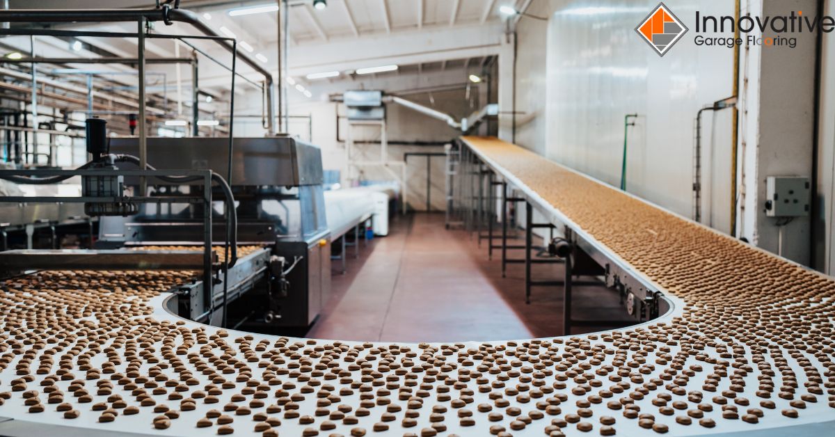 factory with a curved conveyer belt of chocolate - Innovative Garage Flooring epoxy flooring for food processing facilities